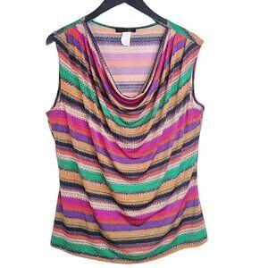 Jennie & Marlis Fun Green Orange Cowl Slinky Sleeveless Top USA